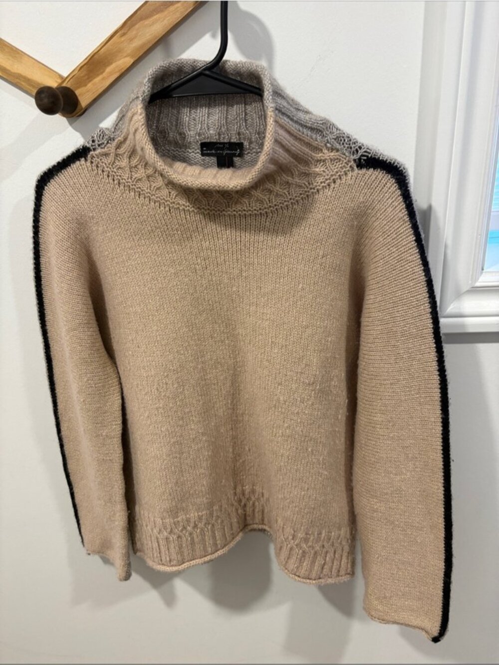 Marc Cain Wool & Cashmere Blend Turtleneck Sweater in Beige with Black Stripe